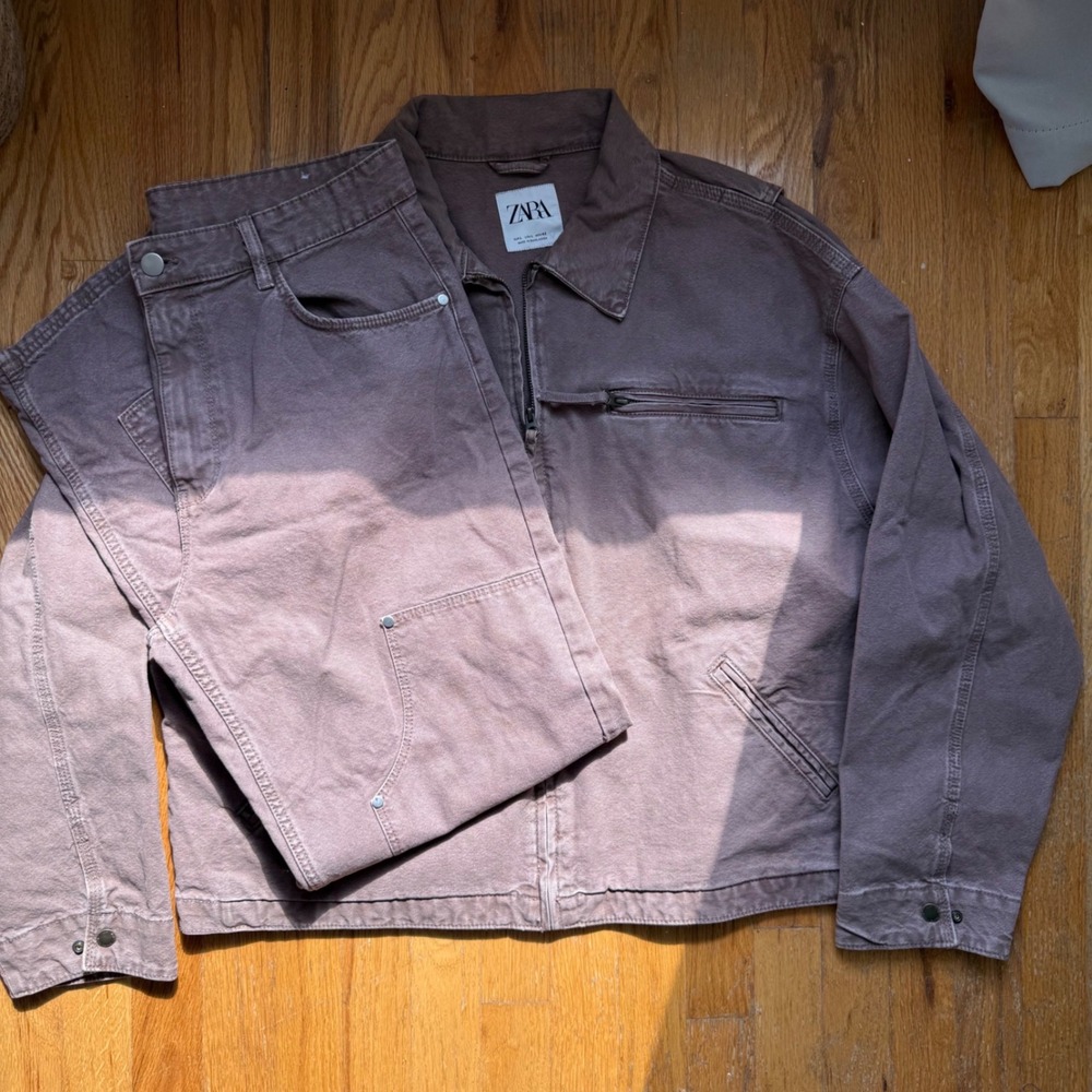Zara Men Washed Canvas Workwear Set L 32 Double Knee Carpenter Jacket Pants